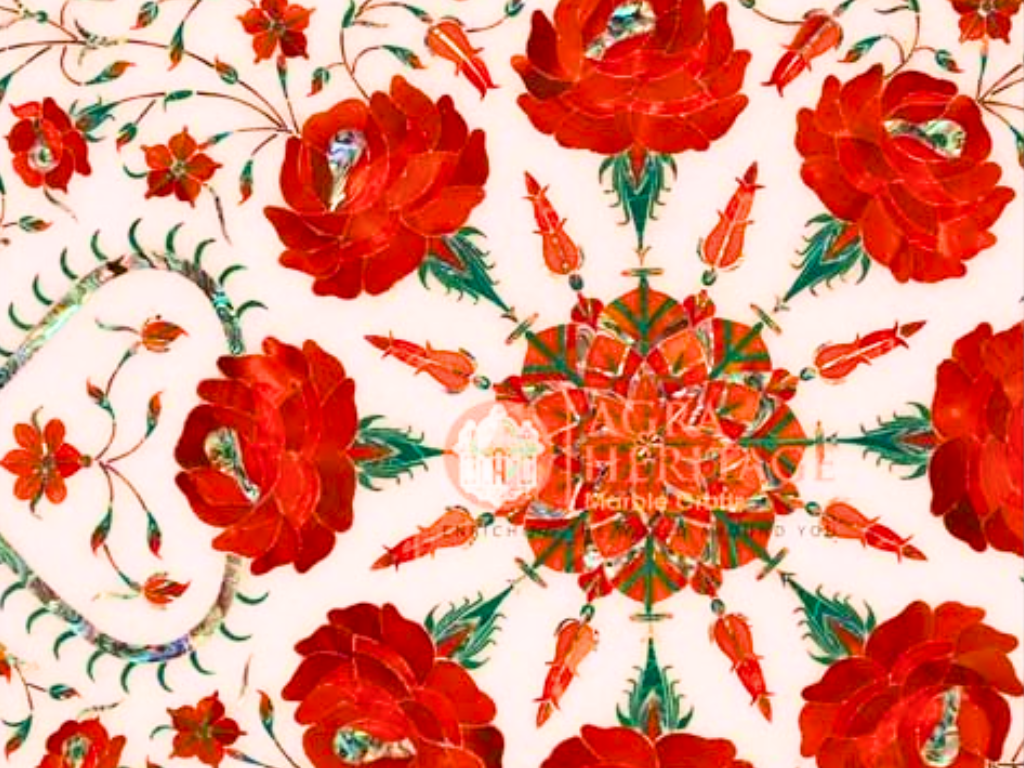 White Top Center Table Carnelian Inlay Pietradura Floral Art